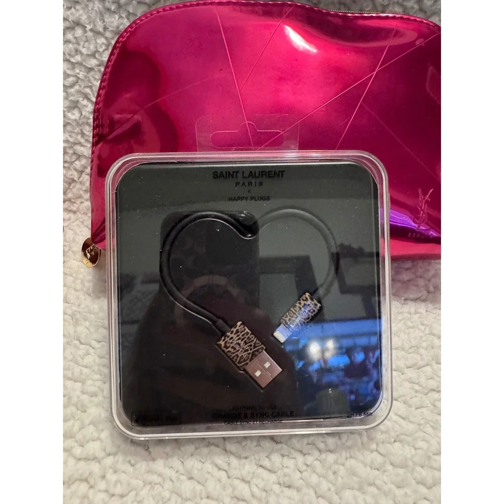 Saint Laurent x Happy Plugs Leopard Lightning Cable & Pink YSL Beauté Pouch Set